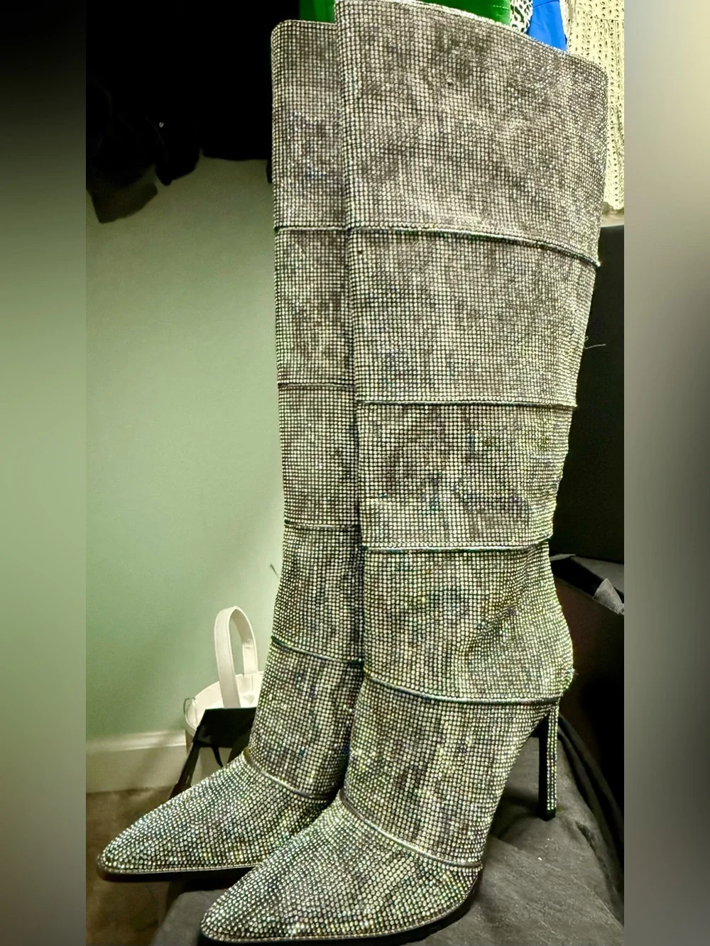 Steve Madden Silver Crystal-Embellished Stiletto Boots
